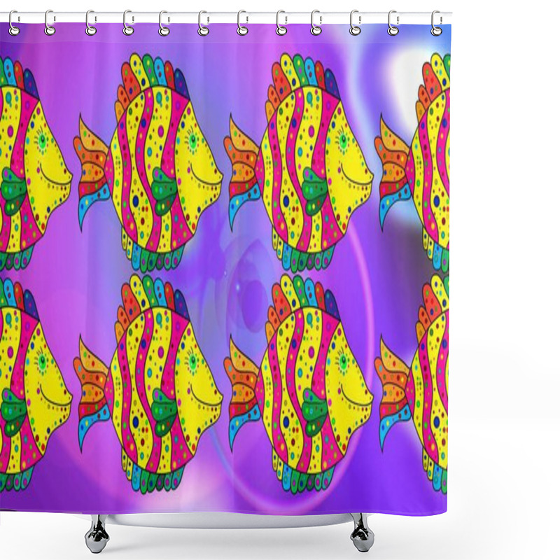 Personality  Colorful Summer Design. Underwater Raster Abstract Background, Tropical Sea Fish Sketch Pattern With Exotic Fish On Violet, Yellow And Magenta Colors. Shower Curtains