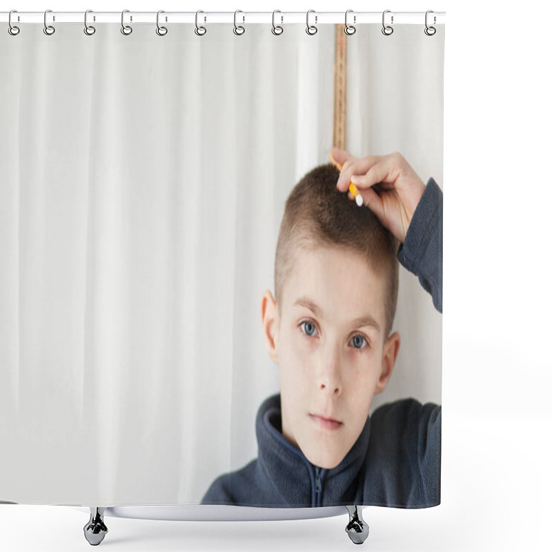 Personality  Serious Boy Standing On The Wall To Check Height Shower Curtains