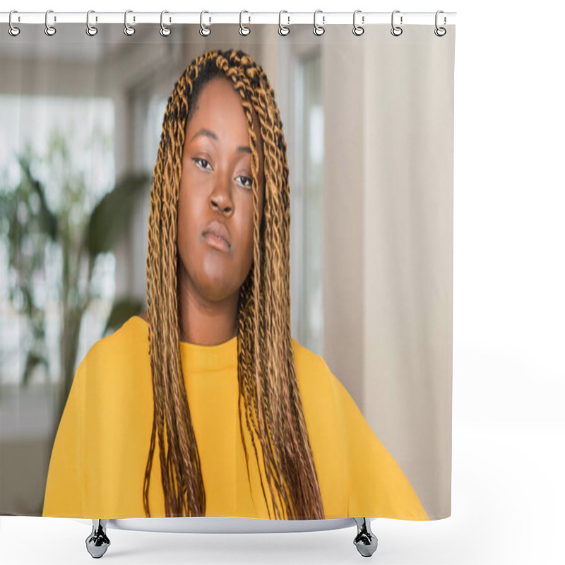 Personality  African American Woman At Home With A Confident Expression On Smart Face Thinking Serious Shower Curtains