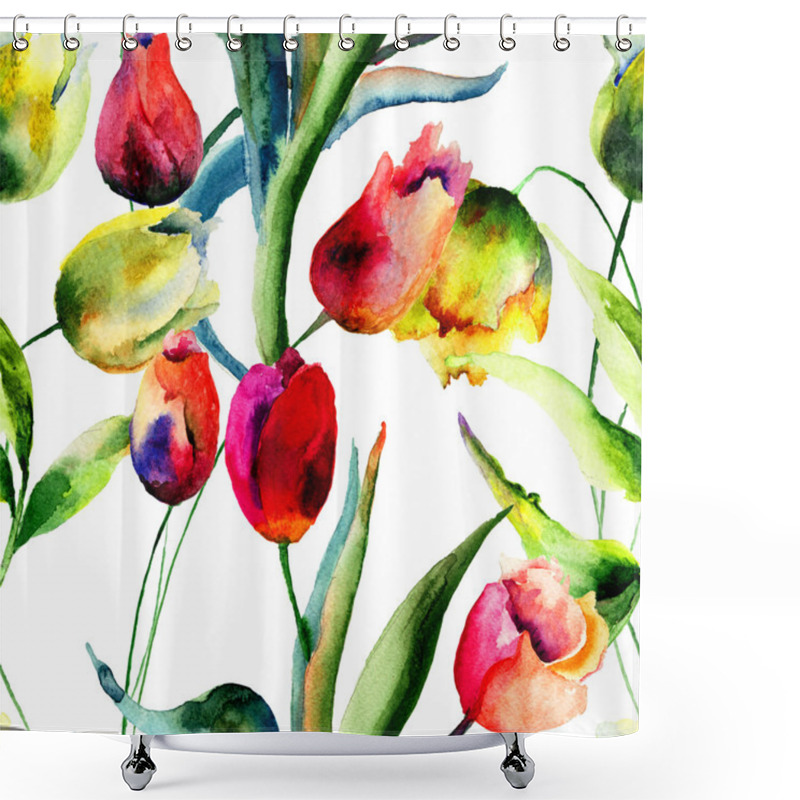 Personality  Seamless Wallpaper With Tulips Flowers Shower Curtains