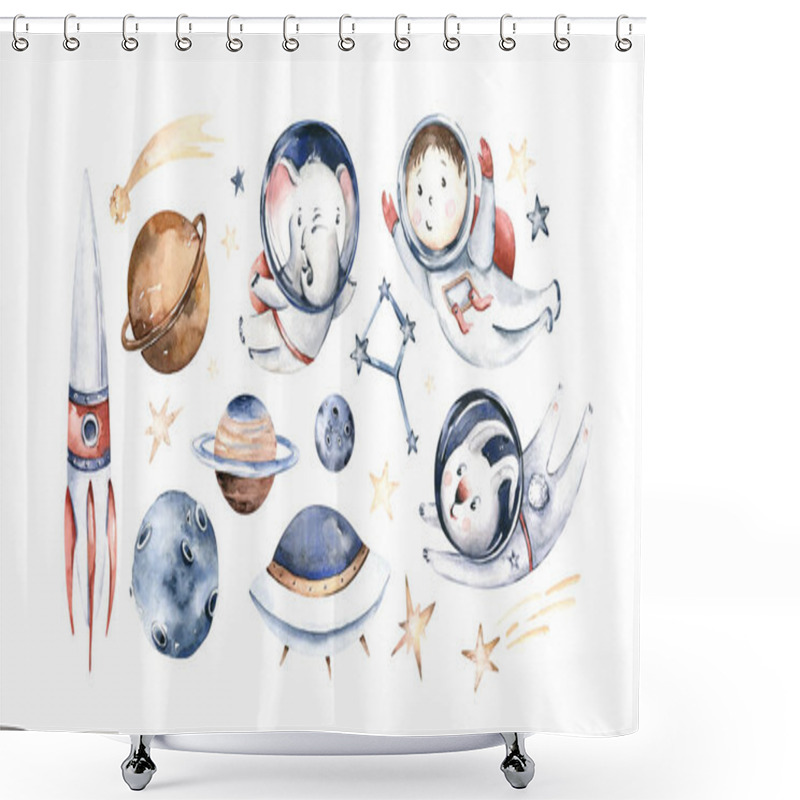 Personality  Astronaut Baby Boy Girl Elephant, Fox Cat And Bunny, Space Suit, Cosmonaut Stars, Planet, Moon, Rocket And Shuttle Isolated Watercolor Space Ship Illustration On White Background, Spaceman Cartoon Kid Astronout. Universe Illustration Nursery. Shower Curtains