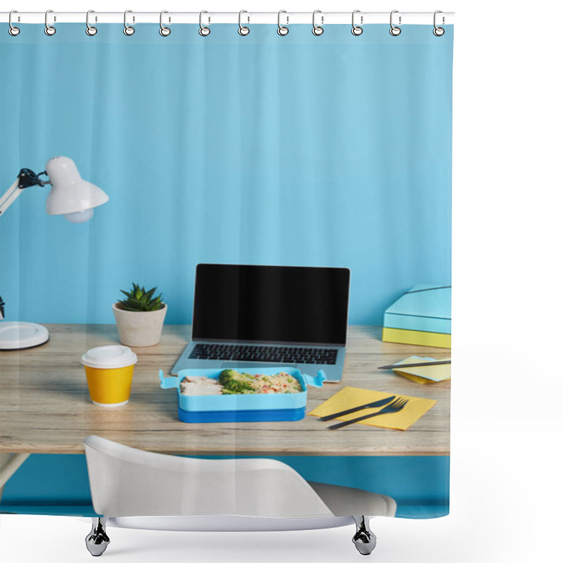 Personality  Healthy Lunch With Rice And Chicken At Workplace With Laptop And Papers On Wooden Table On Blue Background, Illustrative Editorial Shower Curtains