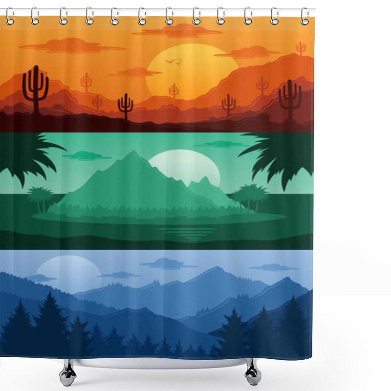 Personality  Mountains, Tropical And Desert Landscapes Vector Illustration Shower Curtains