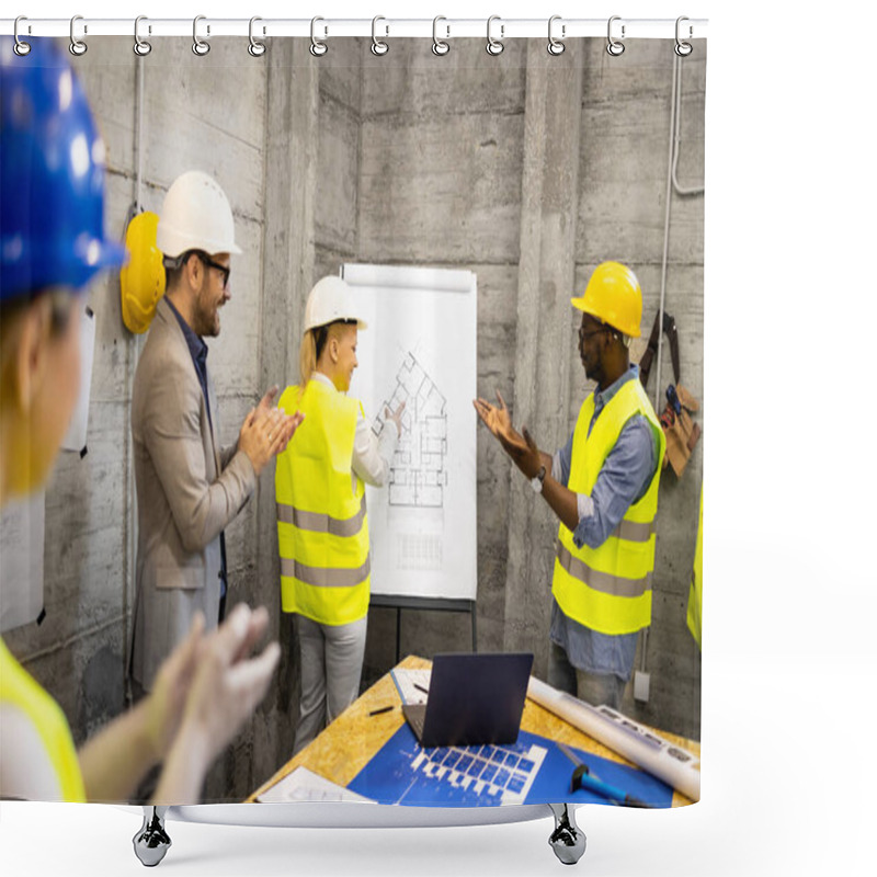 Personality  Motivated And Positive Group Of Structural Engineers At Construction Site Meeting Laughing And Clapping Hands. Shower Curtains