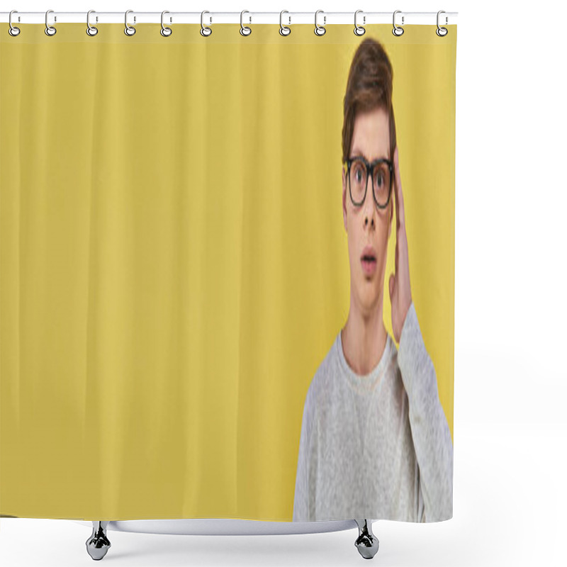 Personality  Astonished Young Man In Casual Outfit Touching Glasses And Slightly Opening His Mouth, Banner Shower Curtains