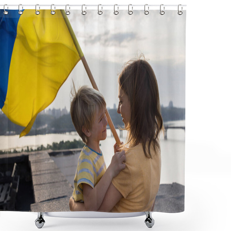 Personality  Faces Of A Boy And A Woman Standing On The High Roof Of A House In Kyiv Over The Dnieper River With A Ukrainian Flag. Family, Unity, Support, About Each Other, Dreams Of Freedom In Ukraine. Stop War Shower Curtains