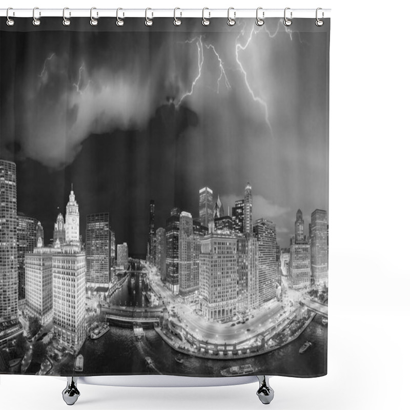 Personality  Panoramic Aerial View Of Chicago Skyline Along Chicago River On A Stormy Night. Shower Curtains