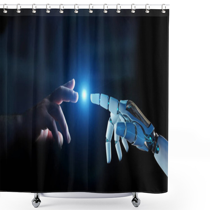 Personality  White Cyborg Finger About To Touch Human Finger On Dark Background 3D Rendering Shower Curtains