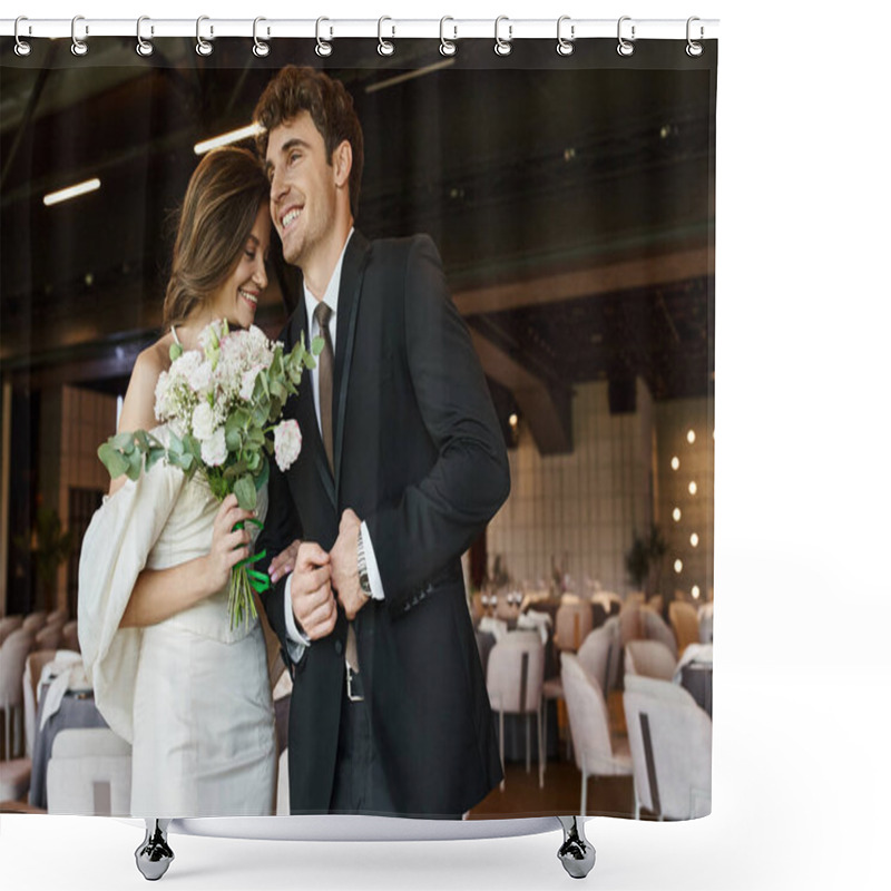 Personality  Overjoyed Groom Smiling Near Young Charming Bride With Wedding Bouquet In Modern Banquet Hall Shower Curtains