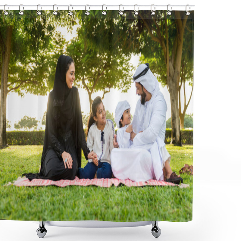 Personality  Happy Middle-eastern Family Having Fun In A Park In Dubai - Parents And Kids Celebrating The Weekend In The Nature Shower Curtains