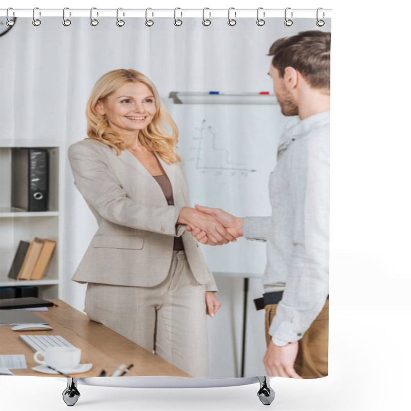 Personality  Young Businessman And Smiling Mature Businesswoman Shaking Hands In Office Shower Curtains