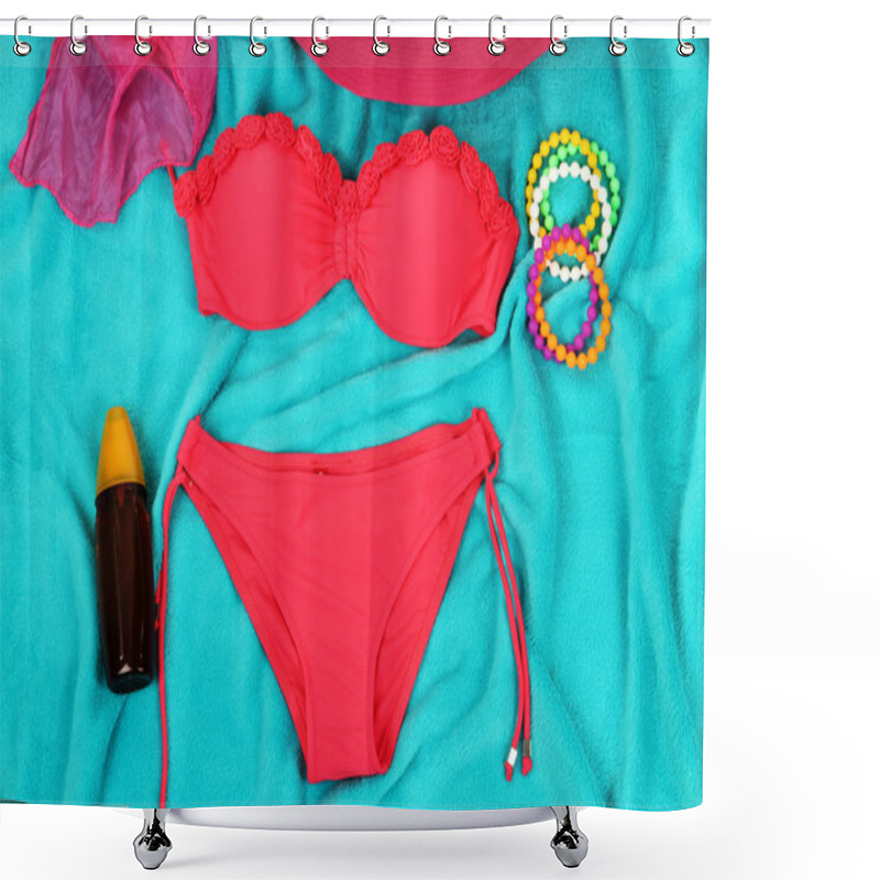 Personality  Swimsuit And Beach Items On Bright Blue Background Shower Curtains