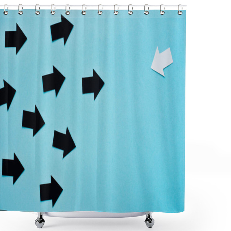 Personality  Top View Of Black And White Arrows On Blue Background, Leadership Concept Shower Curtains