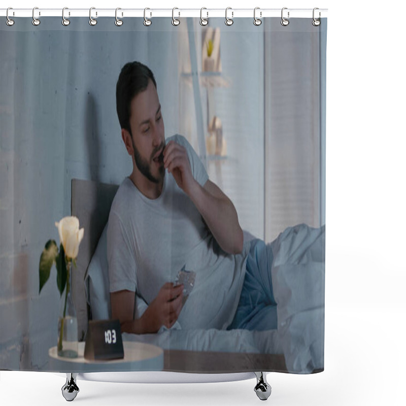 Personality  Young Man Eating Chocolate Bar On Bed At Night  Shower Curtains