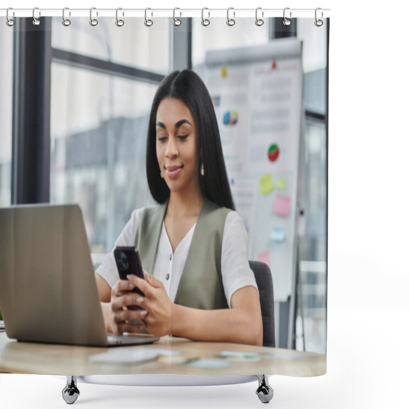 Personality  A Confident Woman Enjoys A Conversation On Her Smartphone While Working. Shower Curtains