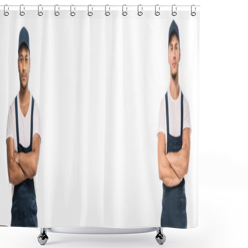 Personality  Multicultural Movers Standing With Crossed Arms Isolated On White, Banner Shower Curtains