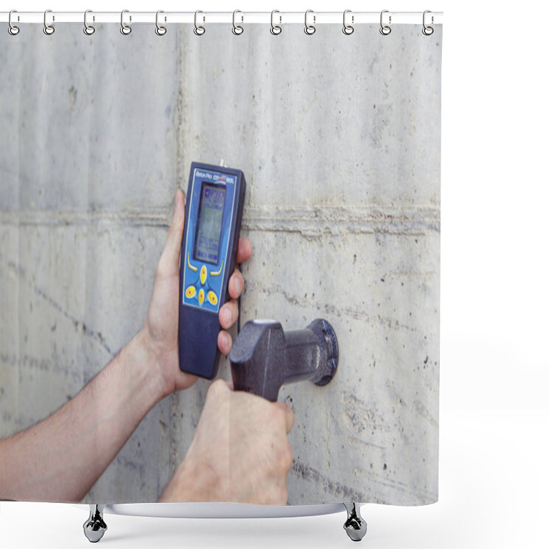 Personality  A Person Examines The Concrete And Determines The Properties, Density And Quality Of The Finished Concrete With A Special Device.  Shower Curtains