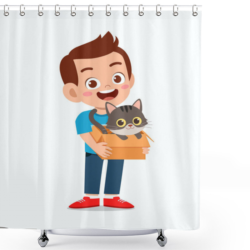 Personality  Happy Cute Little Kid Boy Play With Pet Cat Shower Curtains