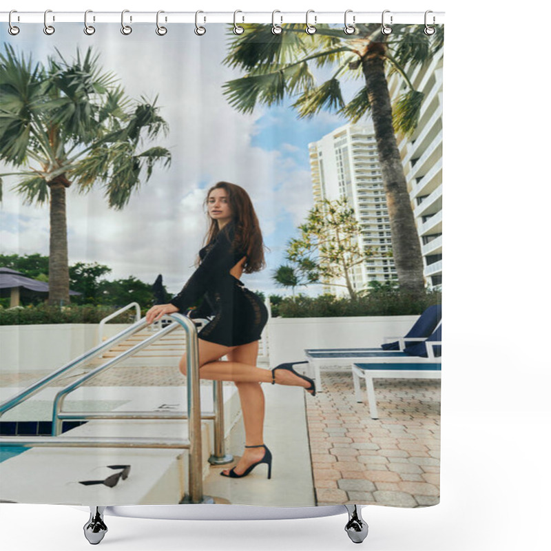 Personality  Luxury Resort, Sexy Brunette Woman With Tanned Skin In Black Knitted Dress And High Heels Standing Next To Ladder Of Outdoor Swimming Pool In Miami, Summer Getaway, Hotel Building, Palm Trees  Shower Curtains