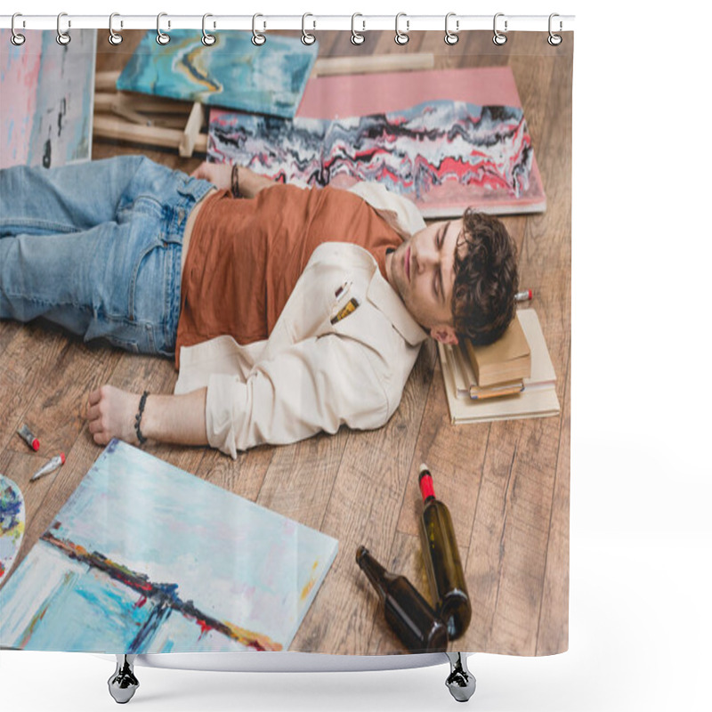 Personality  Exhausted Artist Lying On Wooden Floor, Surrounded With Paintings, Draw Utensils And Empty Bottles Shower Curtains