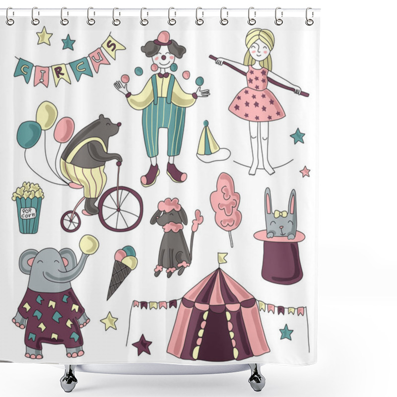 Personality  Traveling Chapiteau Circus. Vector Illustration, Set Of Circus Performers, Trained Animals And Circus Props. Shower Curtains