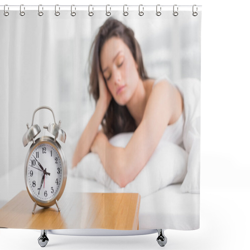 Personality  Sleepy Woman With Alarm Clock In Foreground Shower Curtains