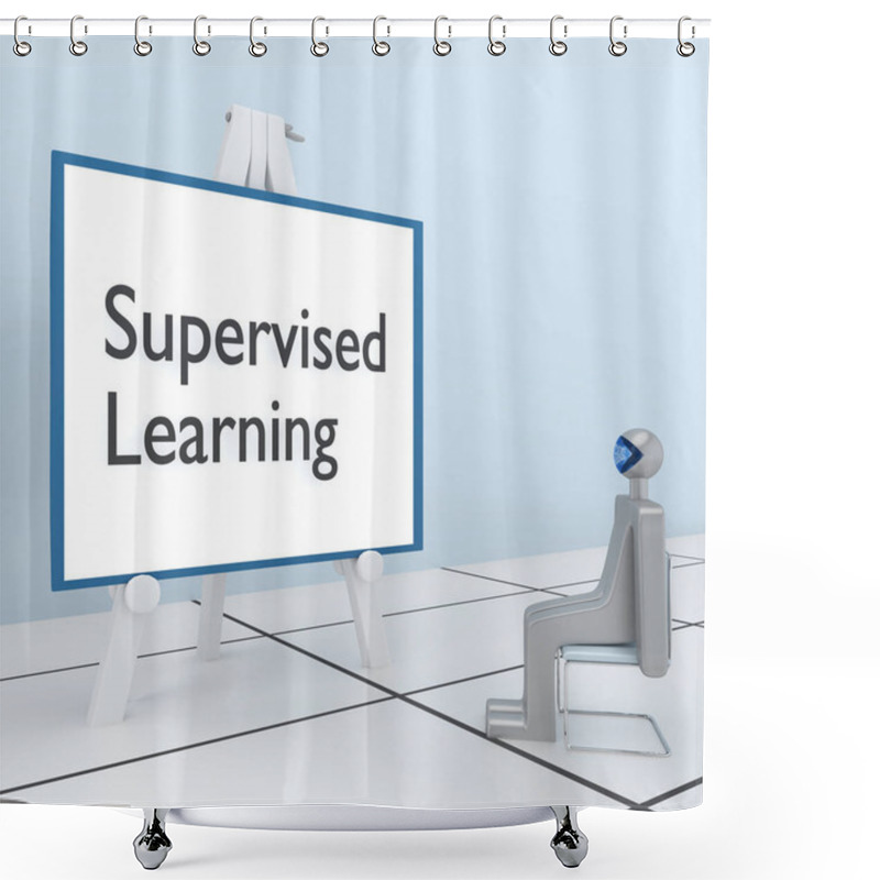 Personality  3D Illustration Of A Supervised Learning Script On A Tripod Board, And A Humanoid Robot Seating In Front Of This Board. Shower Curtains