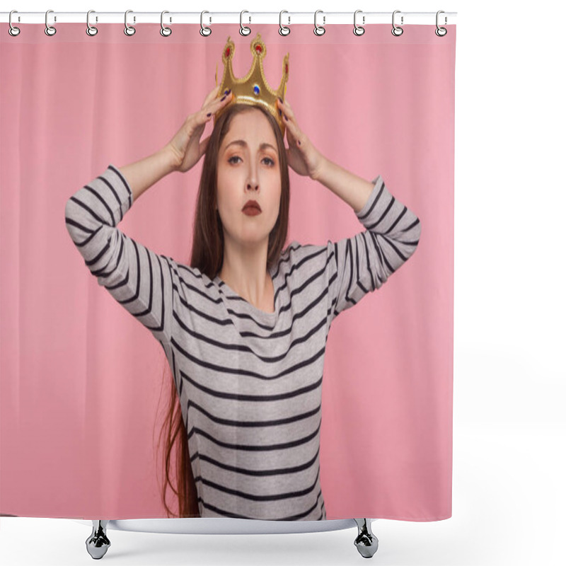 Personality  I'm Leader! Portrait Of Ambitious Successful Woman Adjusting Golden Crown On Head And Looking With Arrogance, Declaring Her Authority, Superiority. Indoor Studio Shot Isolated On Pink Background Shower Curtains