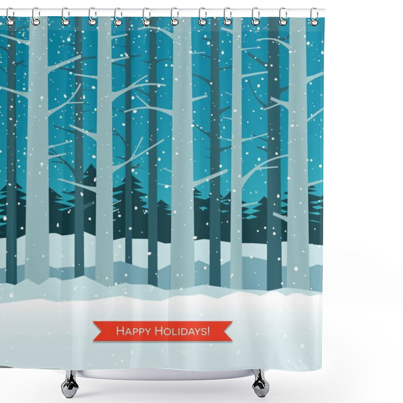 Personality  Woods In Winter With Falling Snow And Cardinals. Tall Bare Trees On A Winter Night.  Shower Curtains