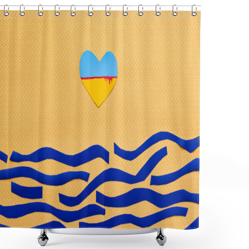 Personality  Top View Of Ukrainian Flag With Blood In Heart Shape Above Paper Sea On Textured Yellow Background  Shower Curtains