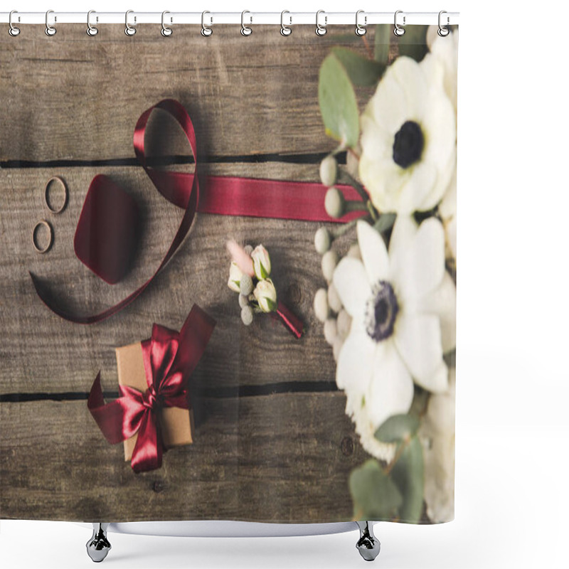 Personality  Flat Lay With Wedding Rings, Jewelry Box, Bridal Bouquet And Corsage On Wooden Tabletop Shower Curtains