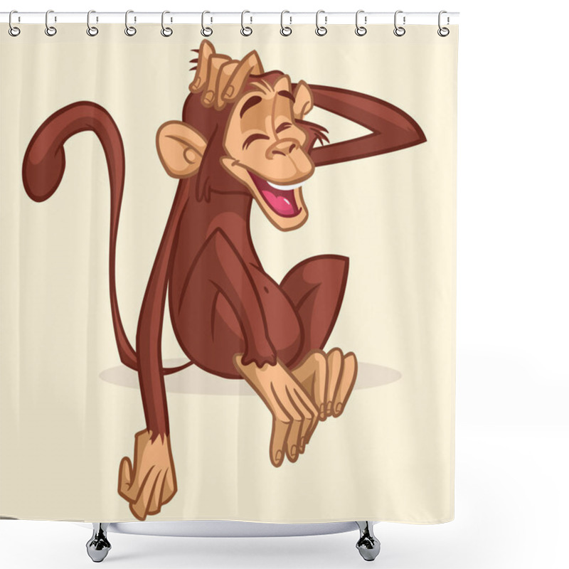 Personality  Cute Cartoon Drawing Of A Monkey Sitting. Vector Illustration Of Chimpanzee Stretching His Head And Smiling With Eyes Closed. Isolated On White Shower Curtains