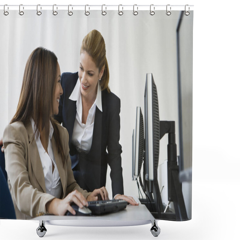 Personality  Two Businesswomen Smiling Over Computers On Table Shower Curtains