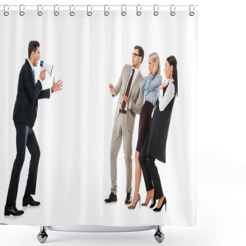 Personality  Angry Boss Yelling At Workers With Bullhorn Isolated On White Shower Curtains