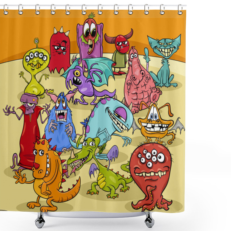 Personality  Cartoon Illustration Of Funny Monsters Fantasy Characters Group Shower Curtains