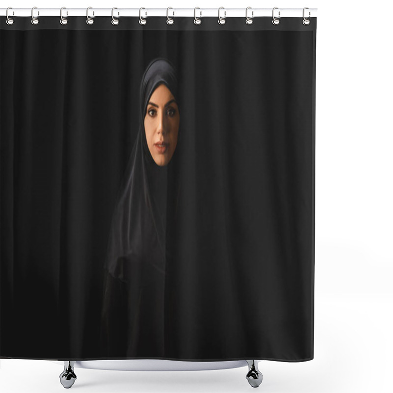 Personality  Beautiful Muslim Woman Looking At Camera Isolated On Black  Shower Curtains