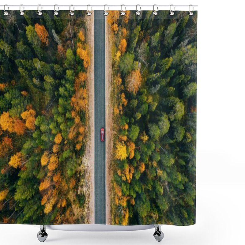 Personality  Aerial View Of Rural Road In Yellow And Orange Autumn Forest In Rural Finland.  Shower Curtains