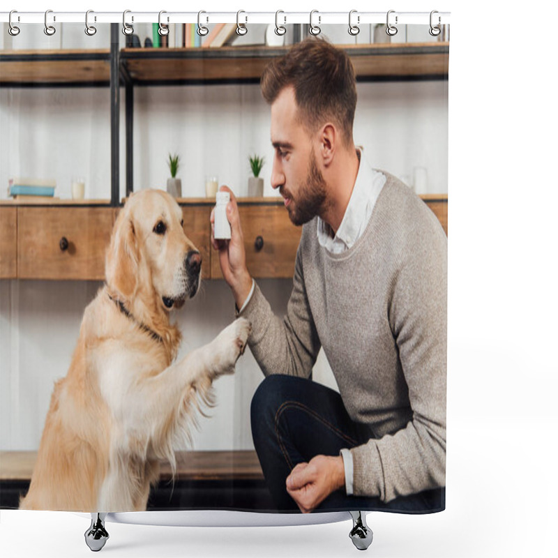 Personality  Side View Of Man Training Golden Retriever And Holding Jar With Vitamins At Home Shower Curtains