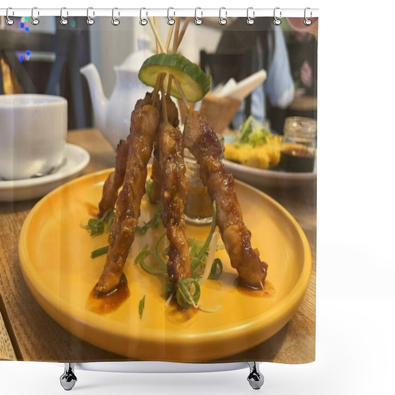 Personality  A Plate Of Sate Madura Served In Yellow Plate In Indonesian Restaurant In Poland Shower Curtains