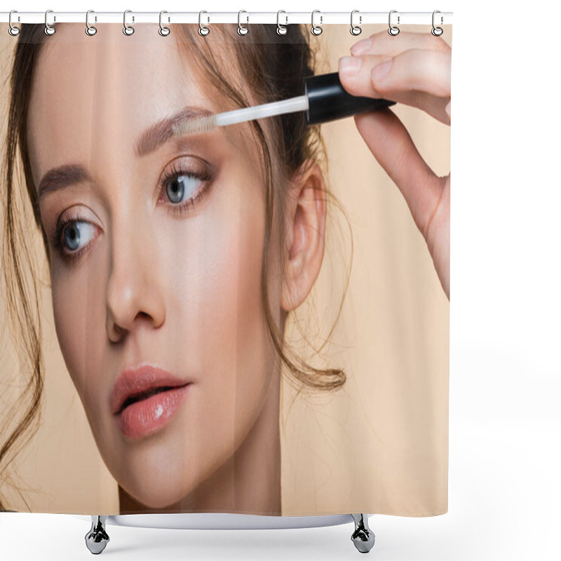 Personality  Portrait Of Woman Holding Brush Of Eyebrow Gel Isolated On Beige  Shower Curtains