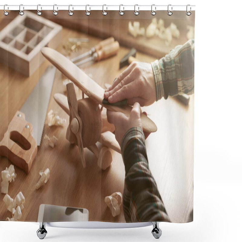 Personality  Craftsman Building A Wooden Toy Airplane Shower Curtains