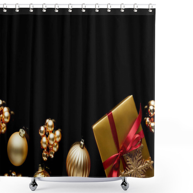 Personality  Top View Of Shiny Golden Christmas Gift With Red Ribbon And Snowflake Near Baubles Isolated On Black Shower Curtains