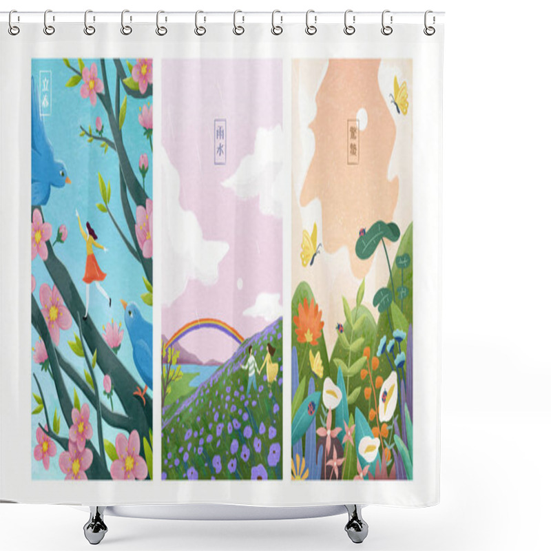 Personality  Hand Drawn Style Of Girl Dancing Around Birds And Sakura, Couple Holding Hands In Meadow, Insects And Botanical Environment. Translation: Beginning Of Summer, Rain Water, Awakening Of Insects. Shower Curtains