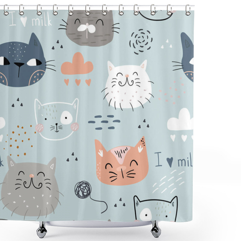 Personality  Seamless Childish Pattern With Cute Cats. Creative Kids Hand Drawn Texture For Fabric, Wrapping, Textile, Wallpaper, Apparel. Vector Illustration. Shower Curtains