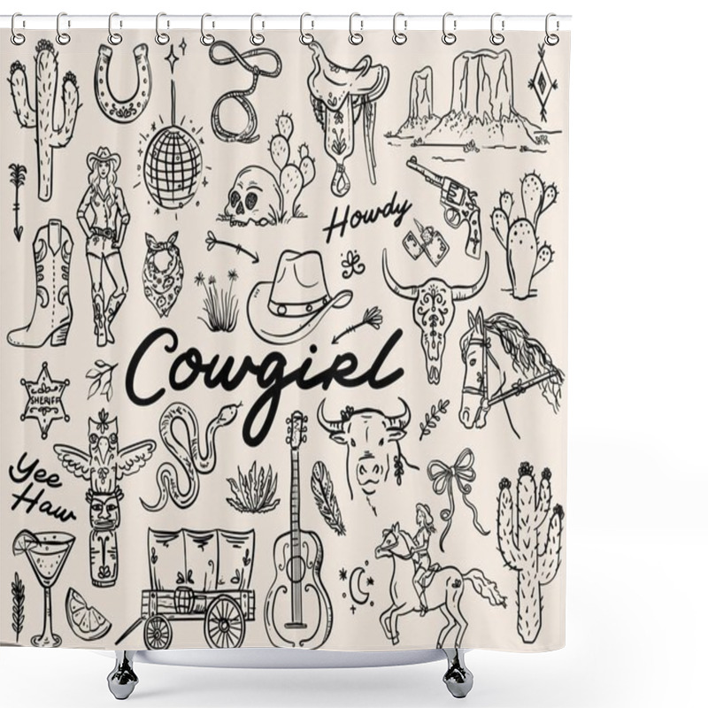 Personality  Hand Drawn Whimsical Style Cowgirl Vector Illustration Set Shower Curtains