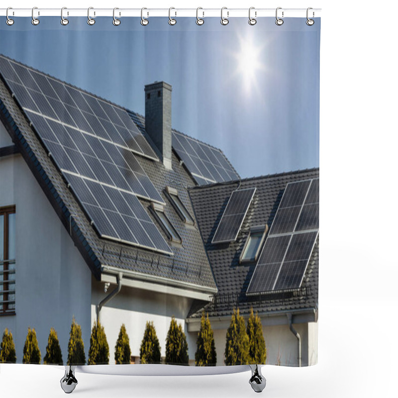 Personality  Solar Panels On The Roof Of The House In The Background. Renewable Electricity Shower Curtains