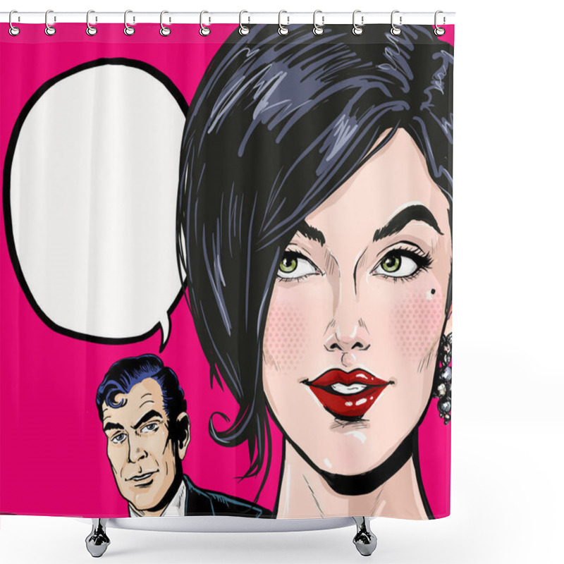 Personality  Pop Art Illustration Of Man With Amazed Woman With Speech Bubble. Advertising Poster.Couple Conversation. Whispering Secrets. Gossip People. Shower Curtains