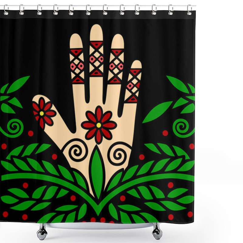 Personality  Minimalist Hand Mehndi Design With Floral Mandala Pattern Vector Illustration Shower Curtains