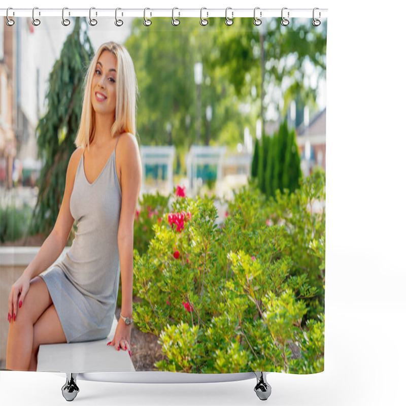 Personality  A Beautiful Young Woman Strolls Through Her Quaint Small Town, Basking In The Warmth Of Spring. Surrounded By Blooming Flowers And Fresh Air, She Radiates Joy, Enjoying The Peaceful Solitude. Shower Curtains