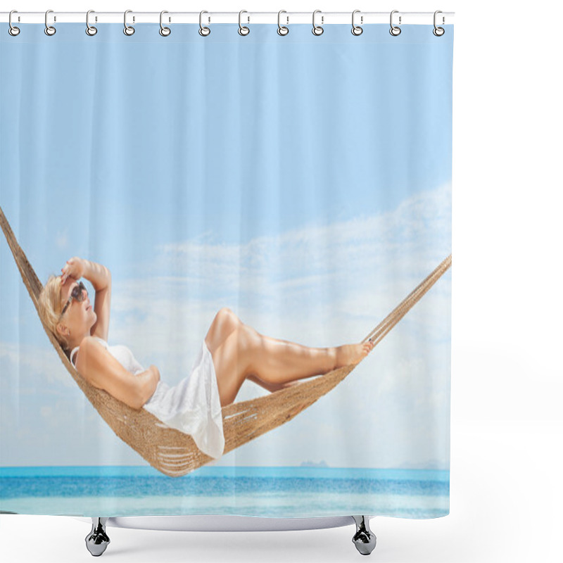 Personality  View Of Nice Young Lady Swinging In Hummock On Tropical Beach Shower Curtains